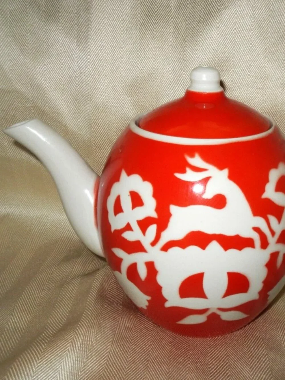 Vintage Soviet USSR Porcelain Teapot Red & White Deer Pattern